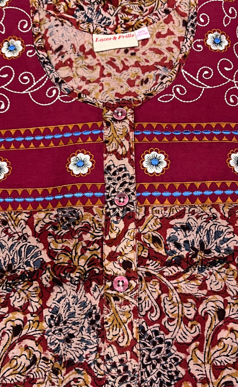 Maroon Kalamkari Pure Cotton Nighty. Pure Durable Cotton | Laces and Frills