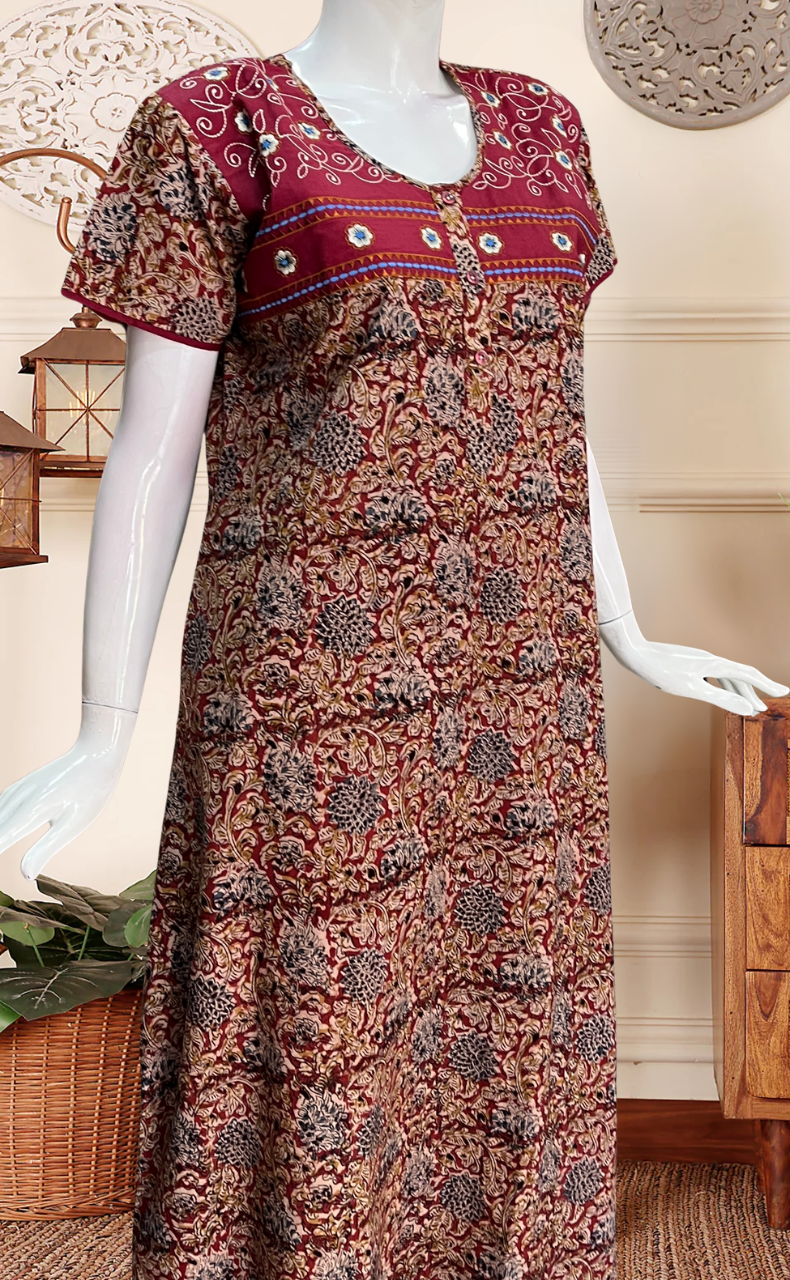 Maroon Kalamkari Pure Cotton Nighty. Pure Durable Cotton | Laces and Frills