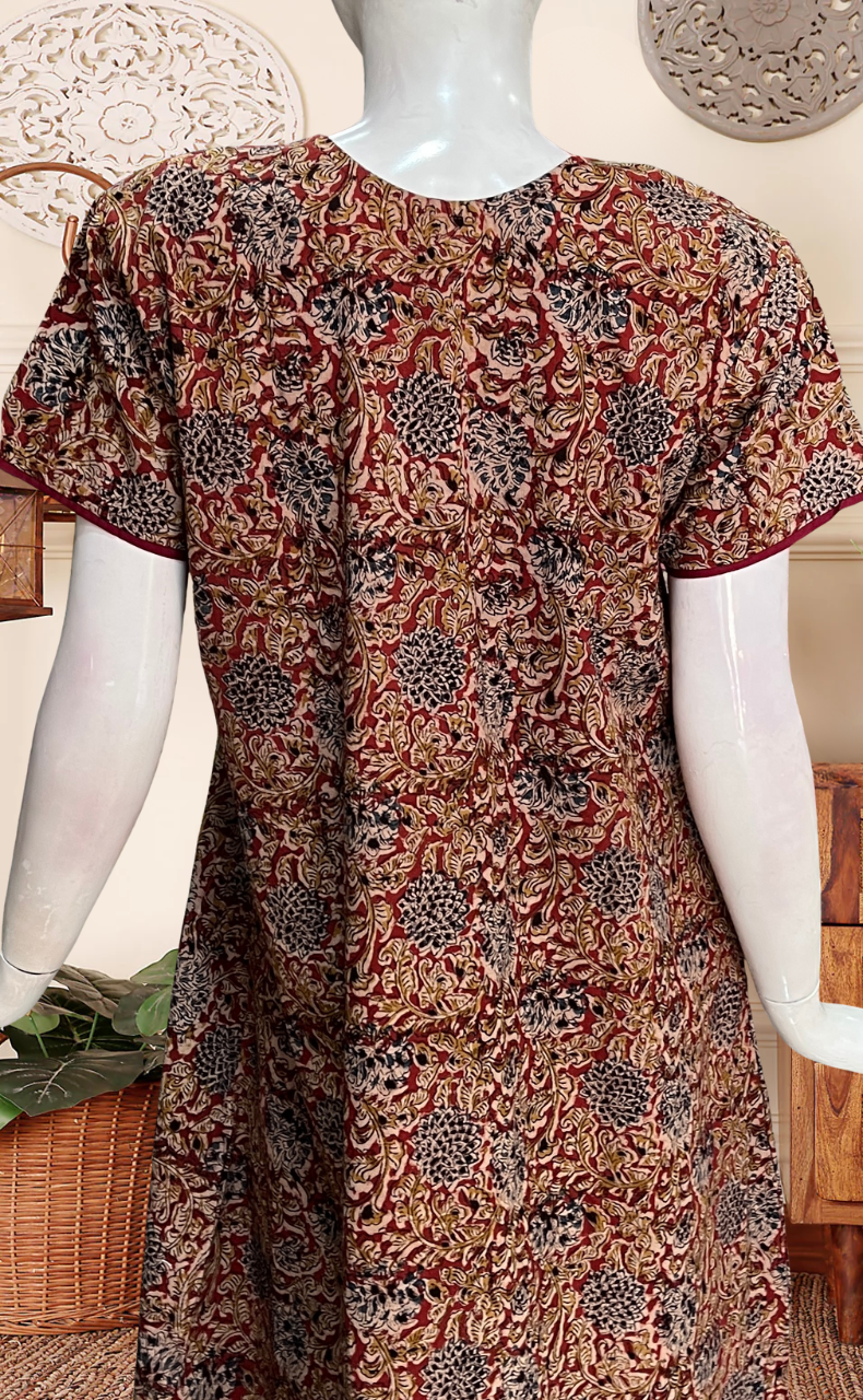 Maroon Kalamkari Pure Cotton Nighty. Pure Durable Cotton | Laces and Frills