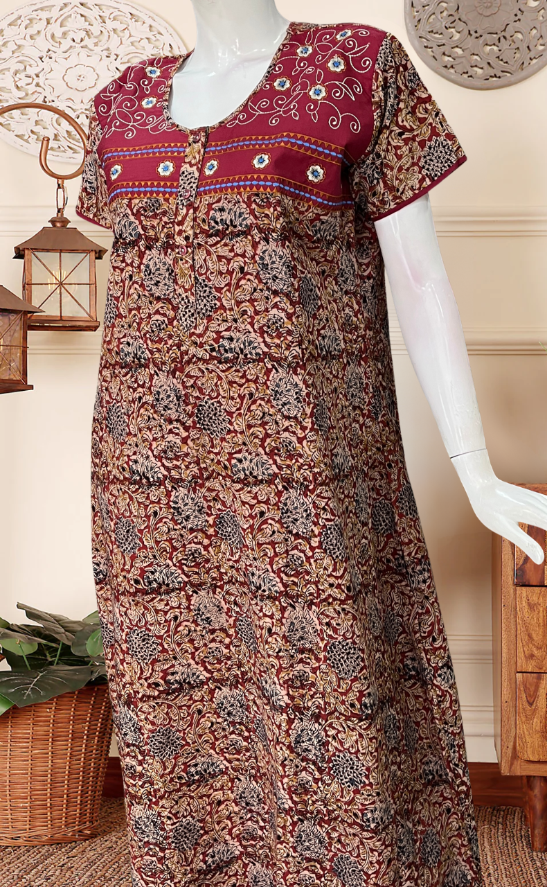 Maroon Kalamkari Pure Cotton Nighty. Pure Durable Cotton | Laces and Frills