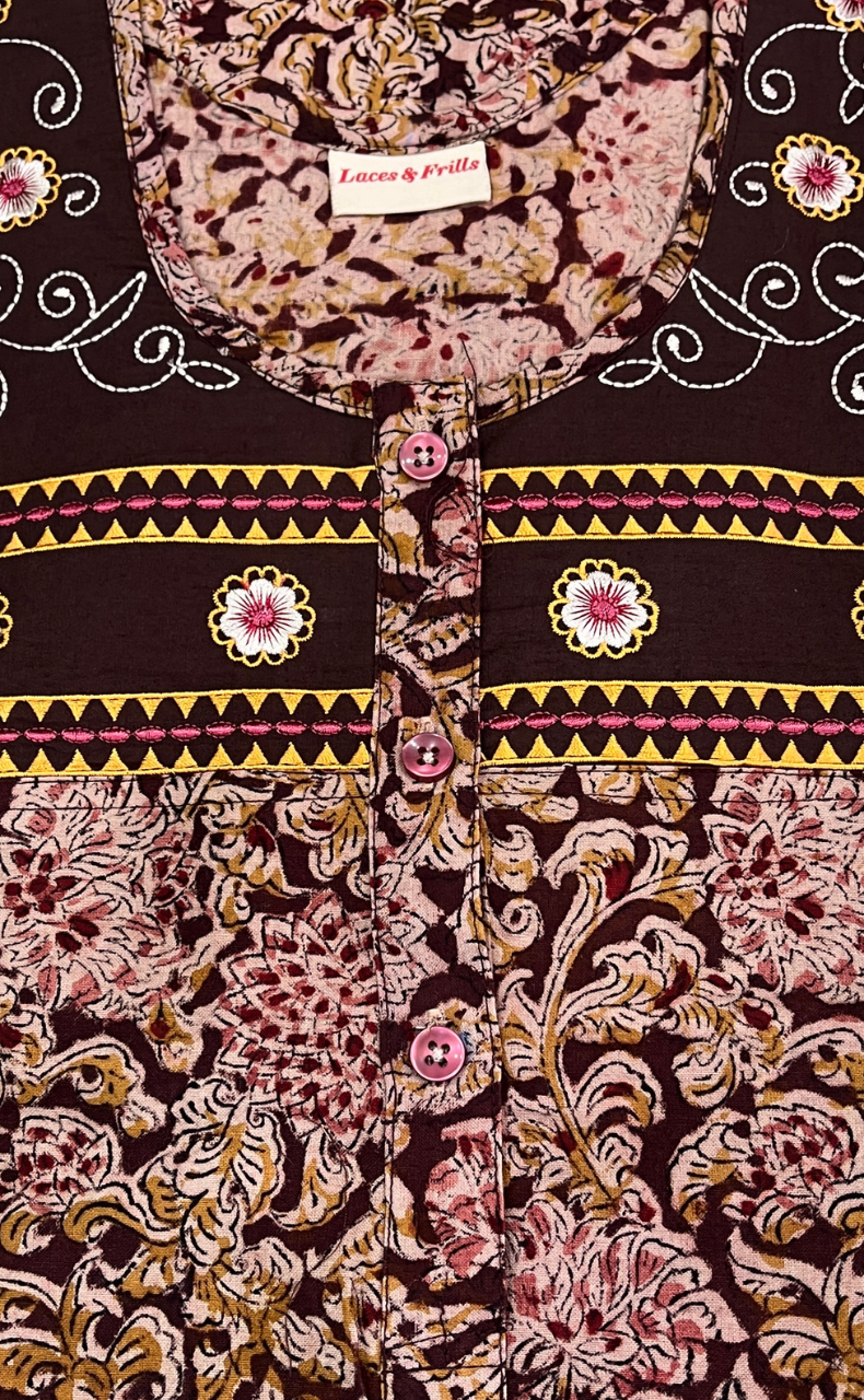 Brown Kalamkari Pure Cotton Nighty. Pure Durable Cotton | Laces and Frills