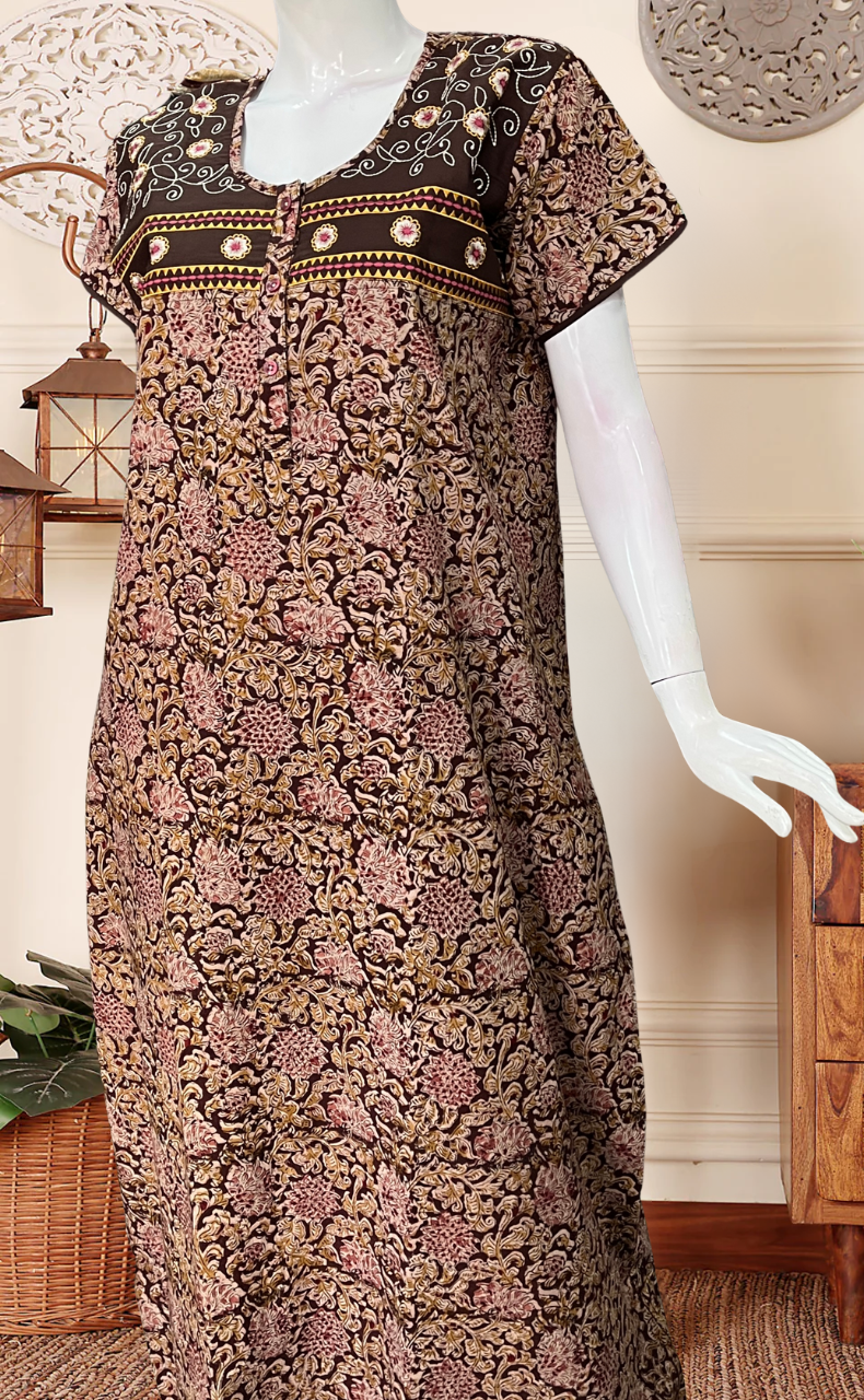 Brown Kalamkari Pure Cotton Nighty. Pure Durable Cotton | Laces and Frills