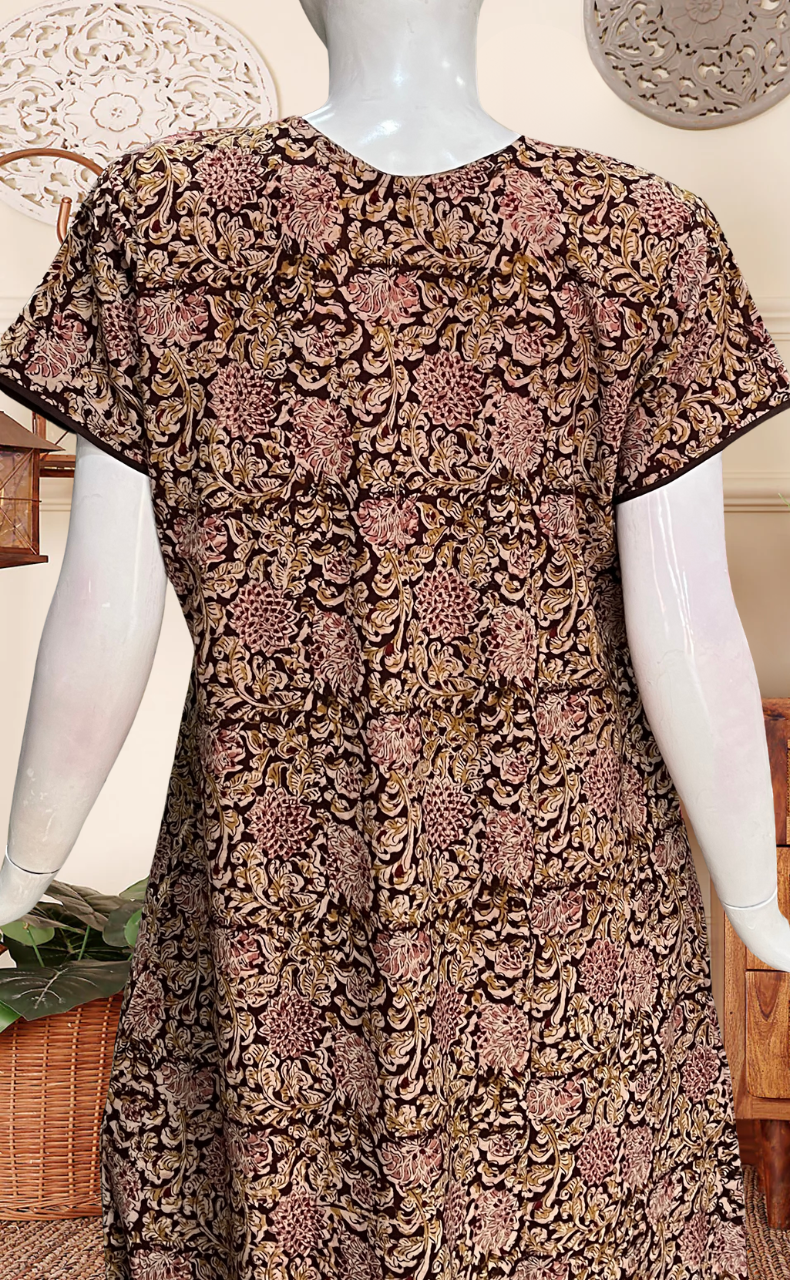 Brown Kalamkari Pure Cotton Nighty. Pure Durable Cotton | Laces and Frills