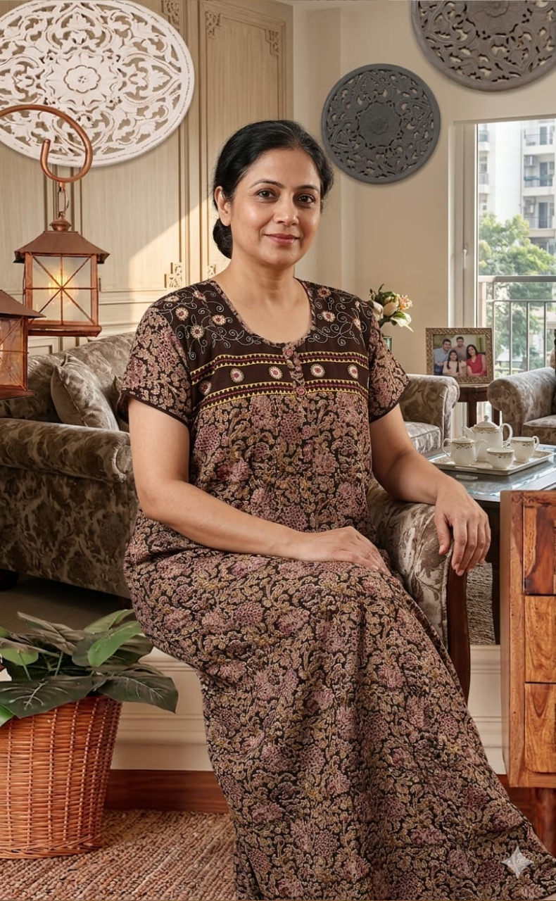 Brown Kalamkari Pure Cotton Nighty. Pure Durable Cotton | Laces and Frills - Laces and Frills