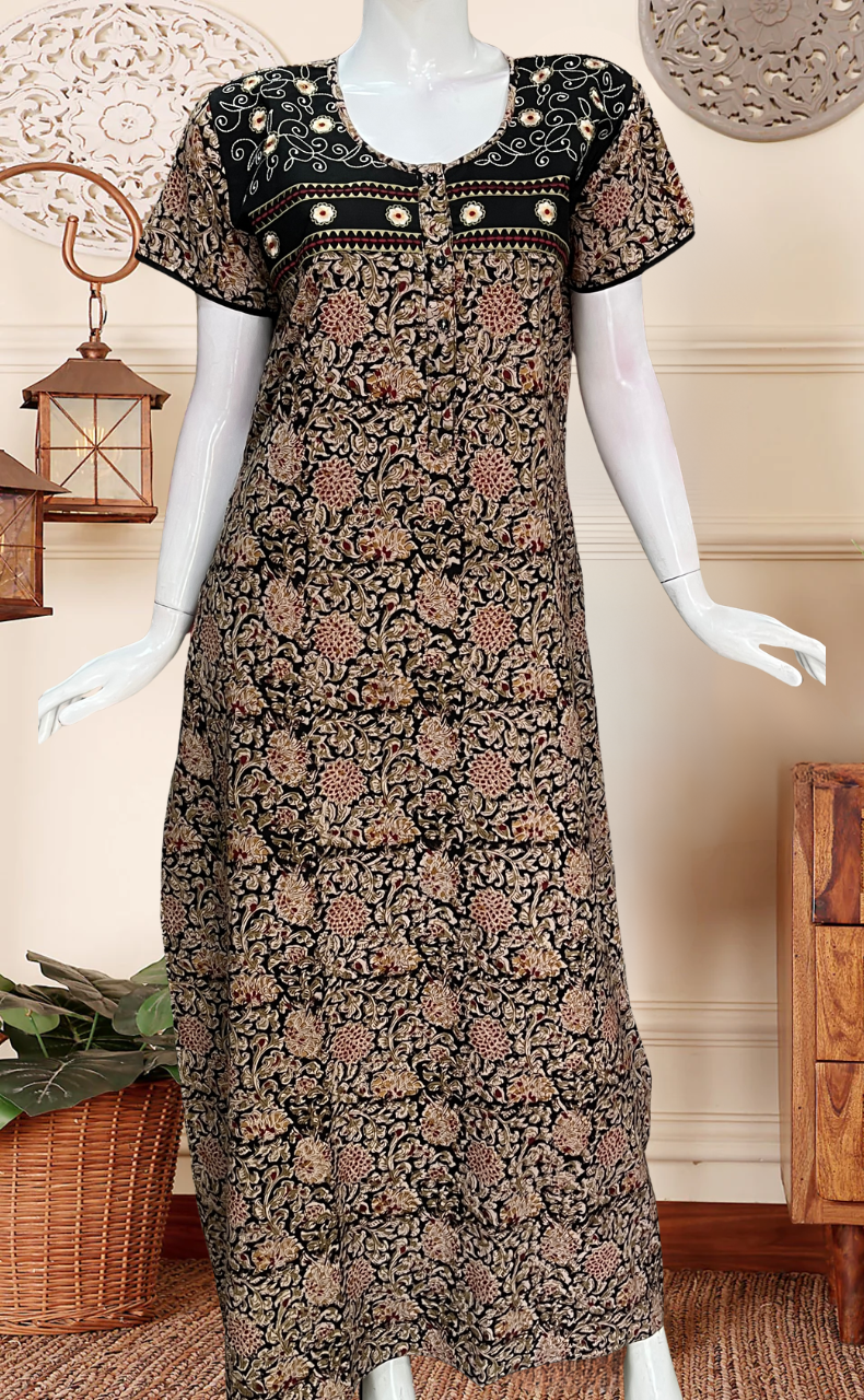 Black Kalamkari Pure Cotton Nighty. Pure Durable Cotton | Laces and Frills