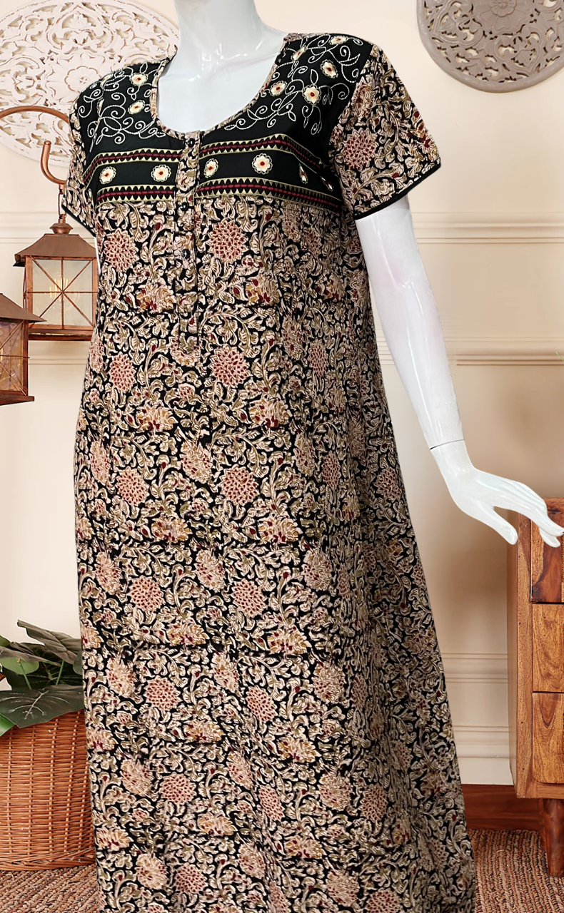 Black Kalamkari Pure Cotton Nighty. Pure Durable Cotton | Laces and Frills