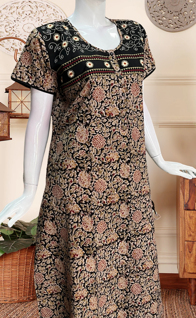 Black Kalamkari Pure Cotton Nighty. Pure Durable Cotton | Laces and Frills