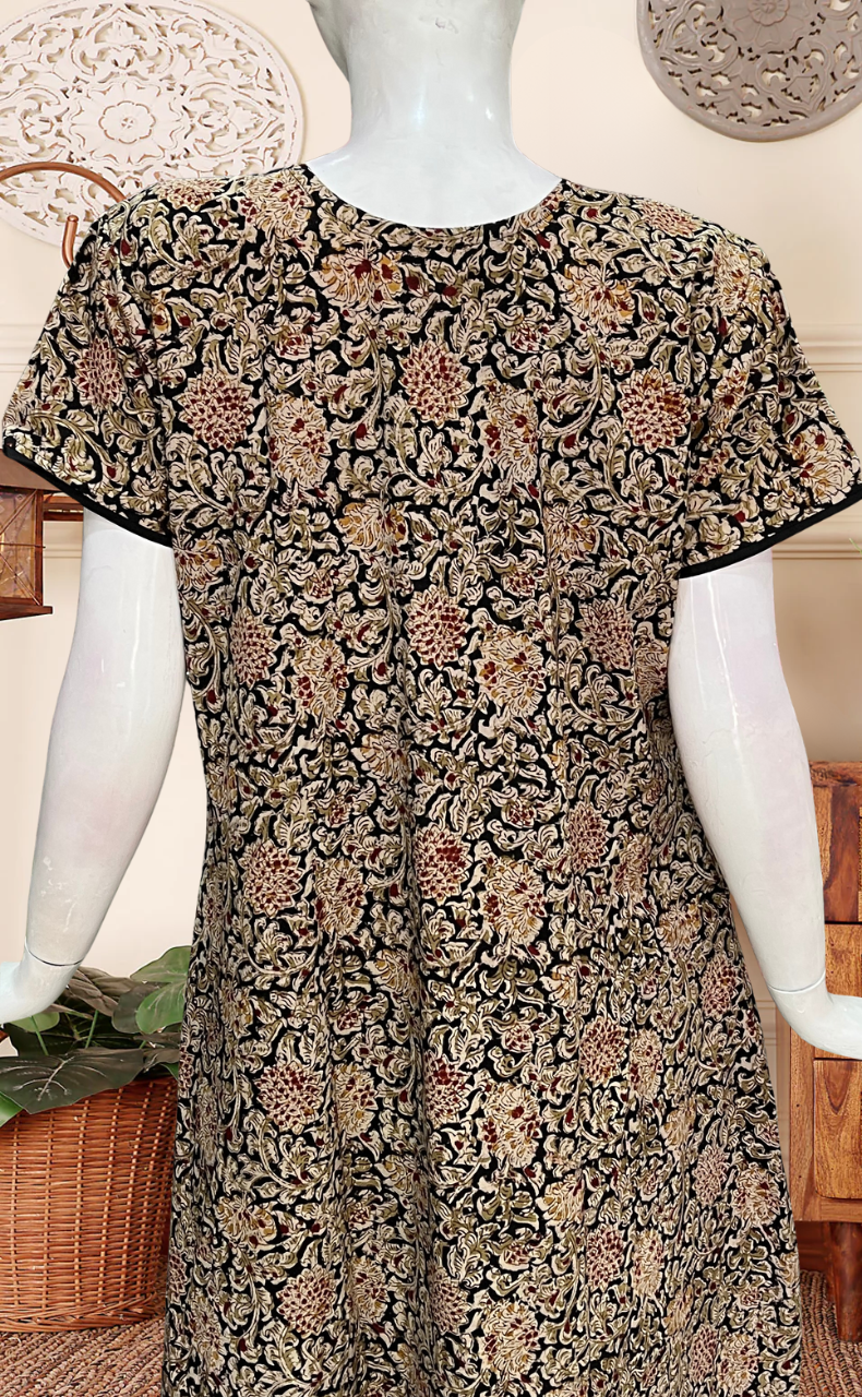 Black Kalamkari Pure Cotton Nighty. Pure Durable Cotton | Laces and Frills