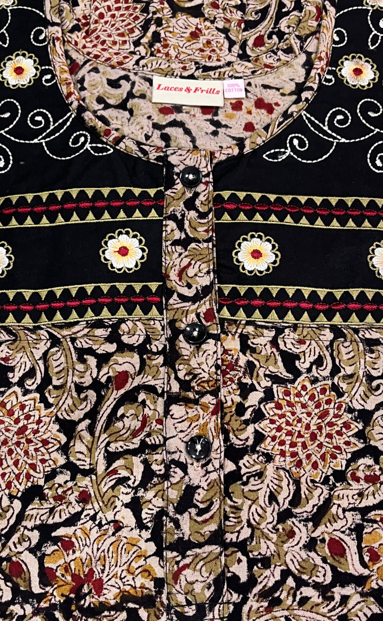 Black Kalamkari Pure Cotton Nighty. Pure Durable Cotton | Laces and Frills
