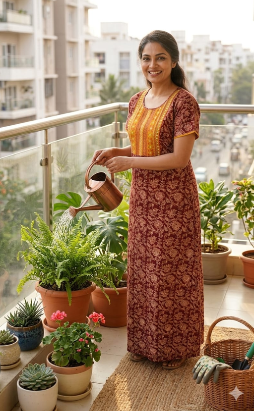 Rust Maroon Kalamkari Pure Cotton Nighty. Pure Durable Cotton | Laces and Frills - Laces and Frills