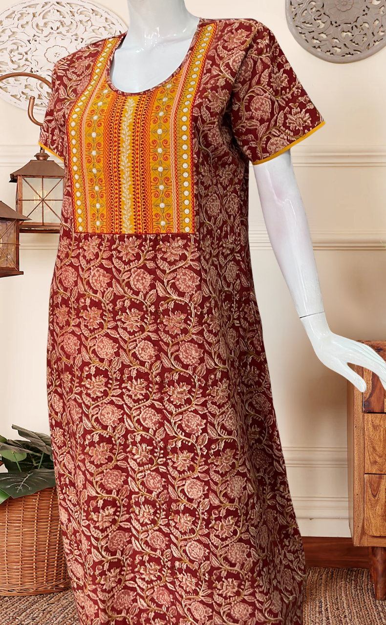 Rust Maroon Kalamkari Pure Cotton Nighty. Pure Durable Cotton | Laces and Frills