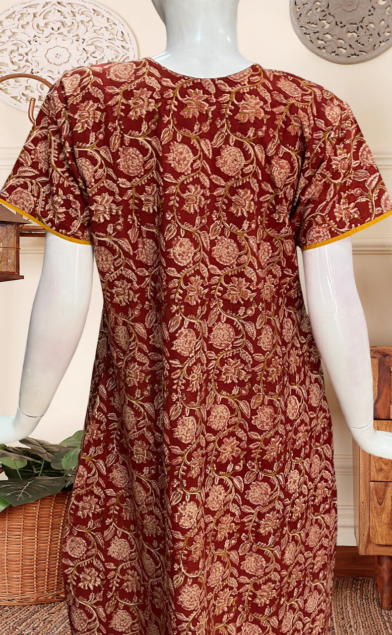 Rust Maroon Kalamkari Pure Cotton Nighty. Pure Durable Cotton | Laces and Frills