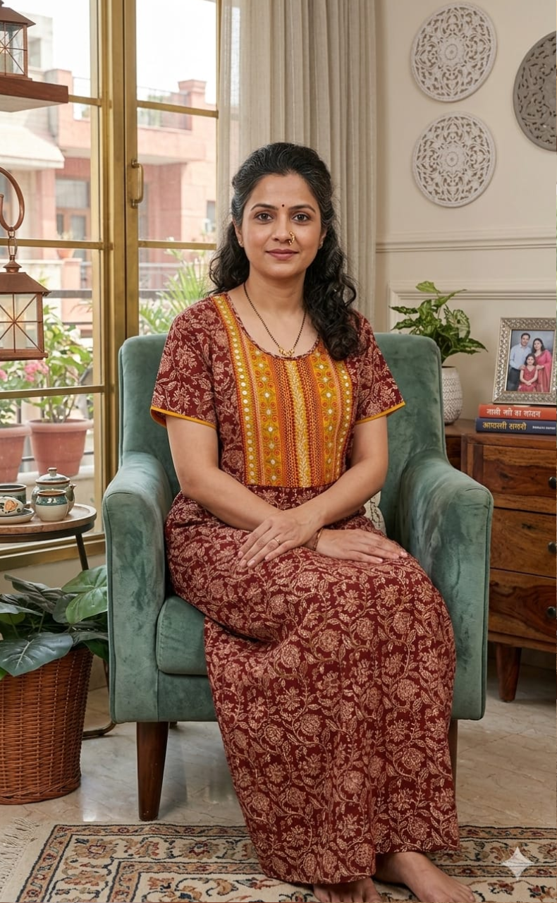 Rust Maroon Kalamkari Pure Cotton Nighty. Pure Durable Cotton | Laces and Frills - Laces and Frills