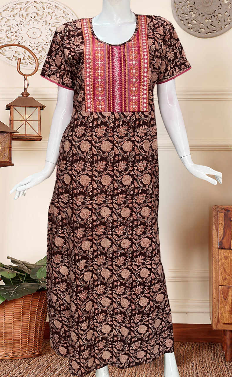 Dark Maroon Kalamkari Pure Cotton Nighty. Pure Durable Cotton | Laces and Frills