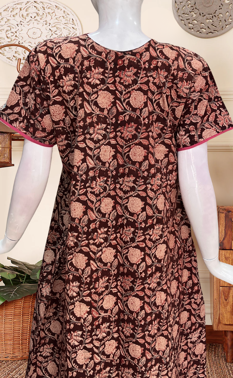 Dark Maroon Kalamkari Pure Cotton Nighty. Pure Durable Cotton | Laces and Frills