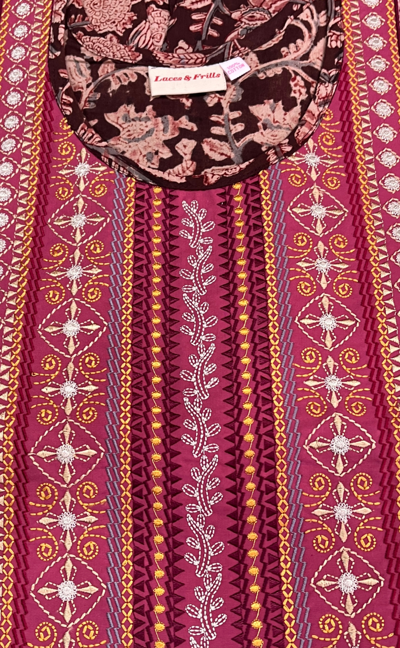 Dark Maroon Kalamkari Pure Cotton Nighty. Pure Durable Cotton | Laces and Frills