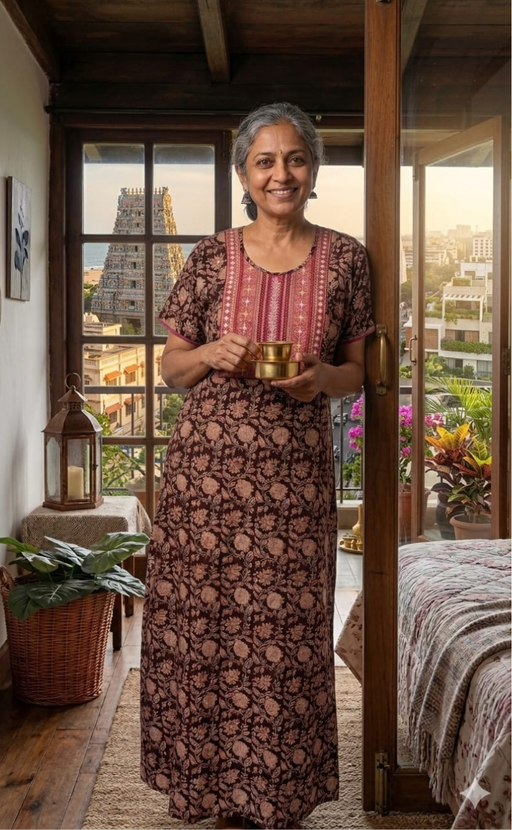 Dark Maroon Kalamkari Pure Cotton Nighty. Pure Durable Cotton | Laces and Frills - Laces and Frills
