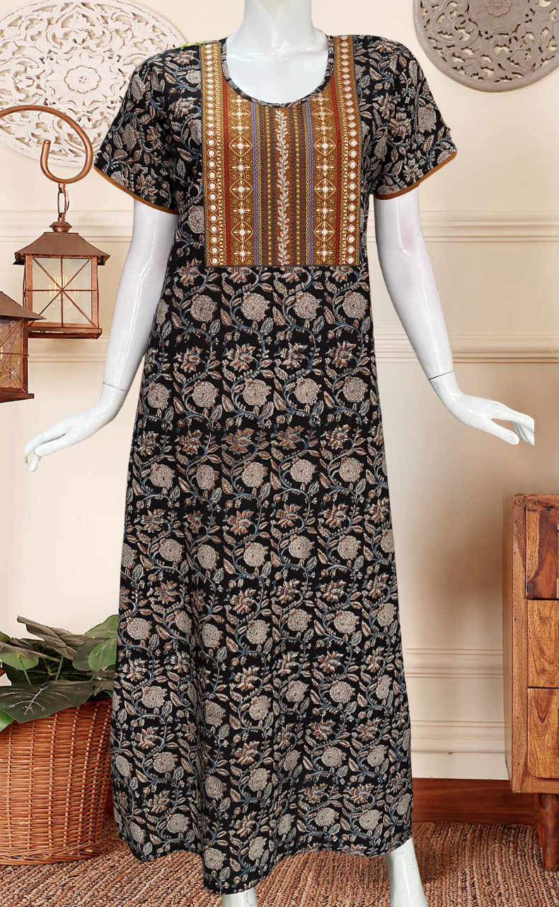 Black Kalamkari Pure Cotton Nighty. Pure Durable Cotton | Laces and Frills