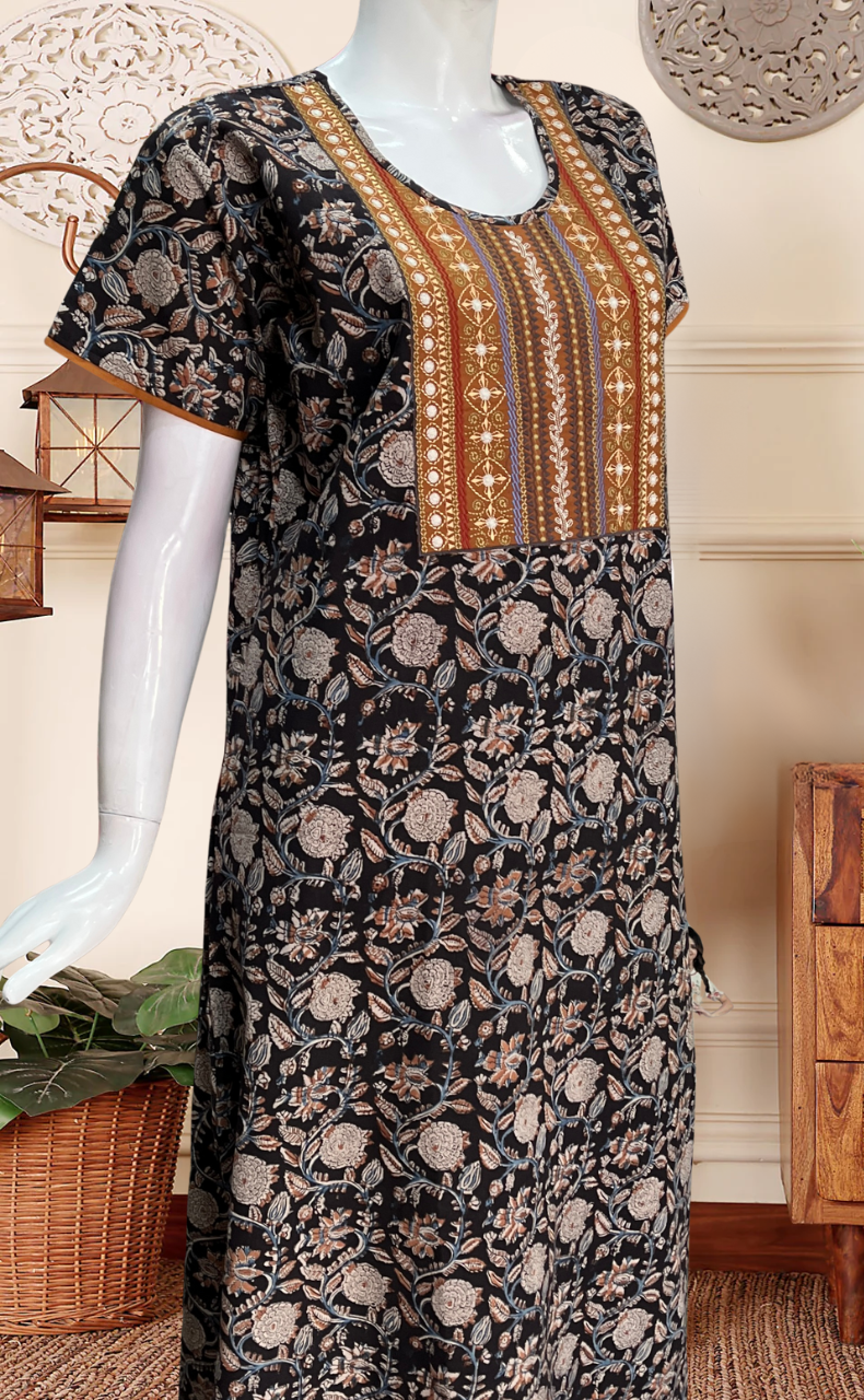 Black Kalamkari Pure Cotton Nighty. Pure Durable Cotton | Laces and Frills