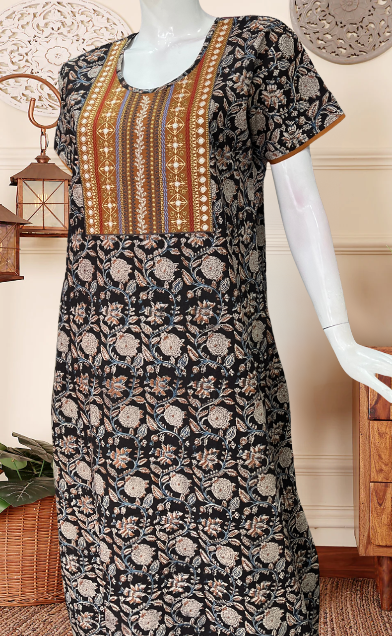 Black Kalamkari Pure Cotton Nighty. Pure Durable Cotton | Laces and Frills