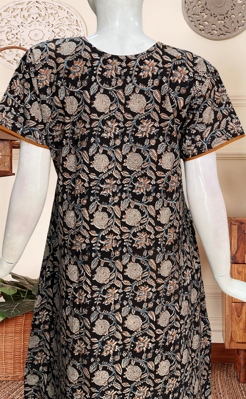 Black Kalamkari Pure Cotton Nighty. Pure Durable Cotton | Laces and Frills