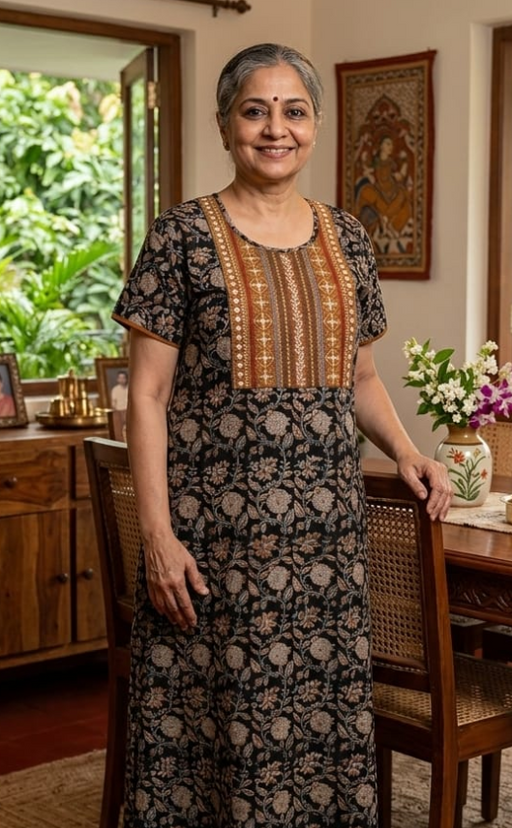 Black Kalamkari Pure Cotton Nighty. Pure Durable Cotton | Laces and Frills - Laces and Frills