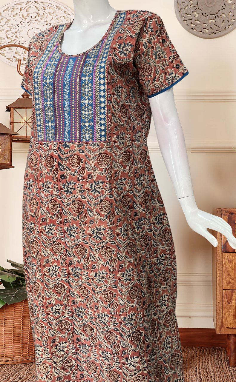 Onion Pink Kalamkari Pure Cotton Nighty. Pure Durable Cotton | Laces and Frills