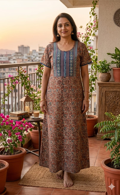 Onion Pink Kalamkari Pure Cotton Nighty. Pure Durable Cotton | Laces and Frills - Laces and Frills