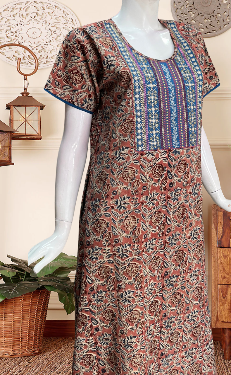 Onion Pink Kalamkari Pure Cotton Nighty. Pure Durable Cotton | Laces and Frills