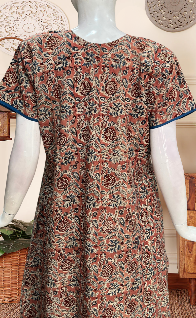 Onion Pink Kalamkari Pure Cotton Nighty. Pure Durable Cotton | Laces and Frills