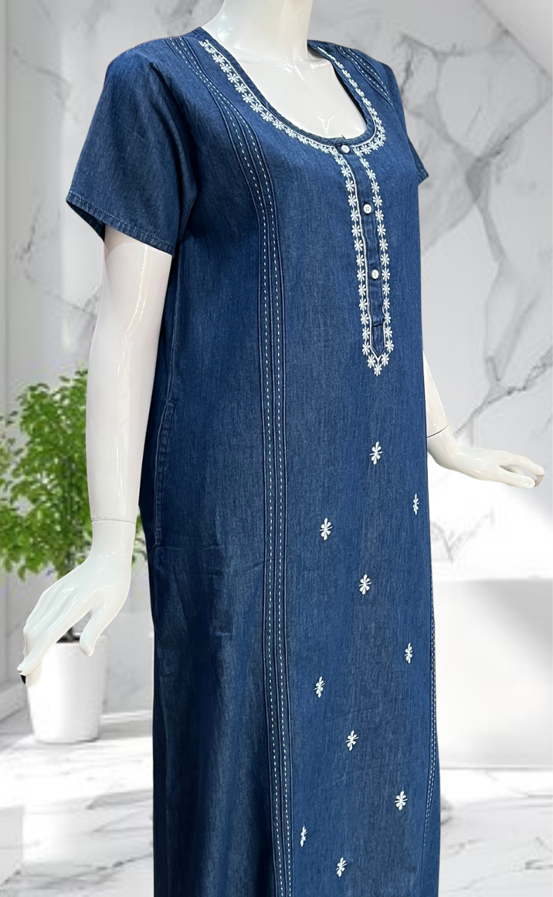 Navy Blue Floral Denim Nighty. Denim Cotton | Laces and Frills - Laces and Frills