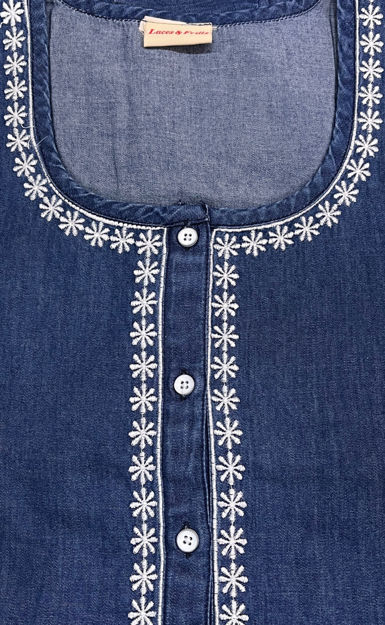 Navy Blue Floral Denim Nighty. Denim Cotton | Laces and Frills - Laces and Frills