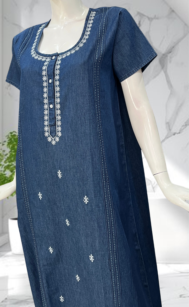 Navy Blue Floral Denim Nighty. Denim Cotton | Laces and Frills - Laces and Frills