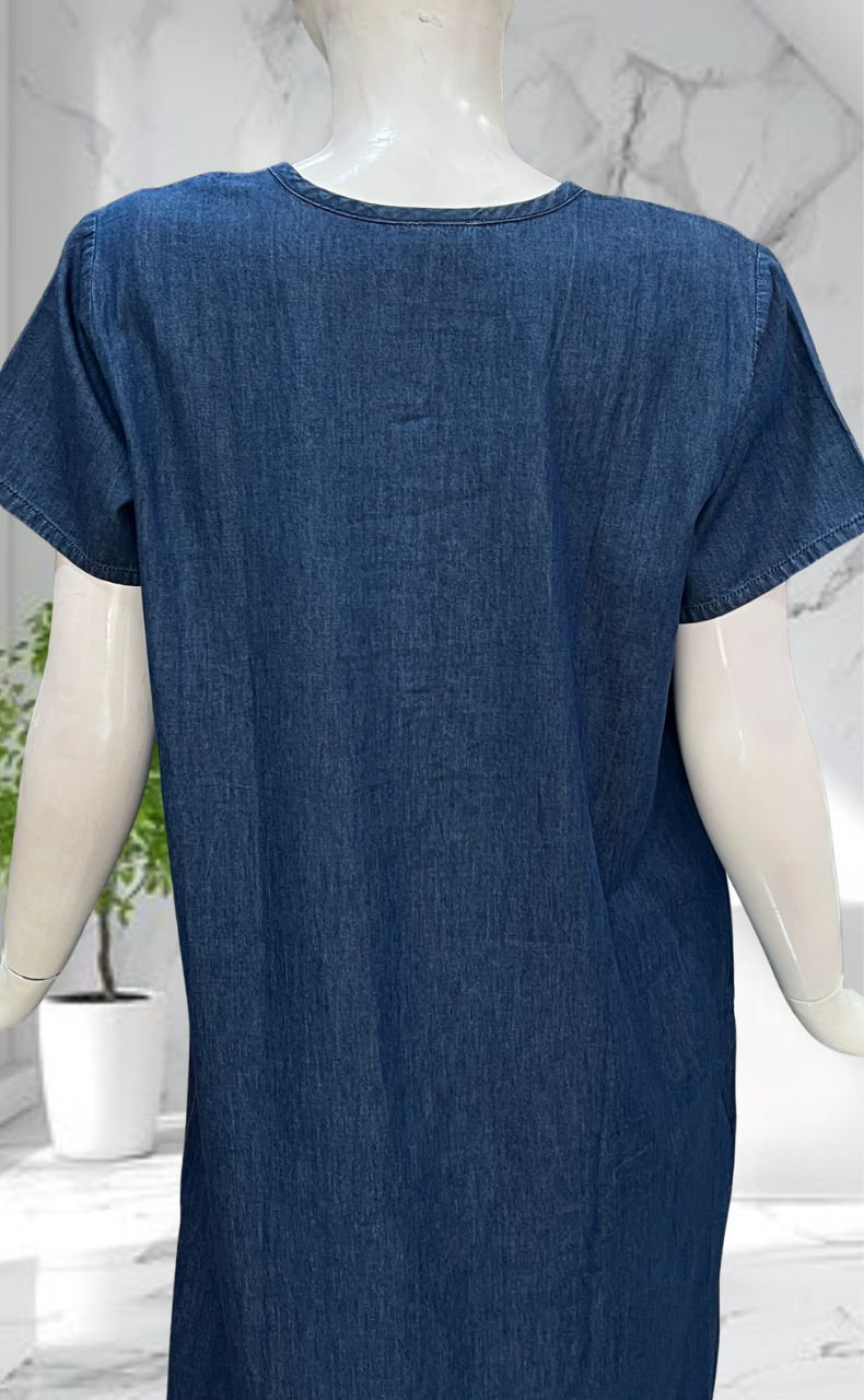 Navy Blue Floral Denim Nighty. Denim Cotton | Laces and Frills - Laces and Frills