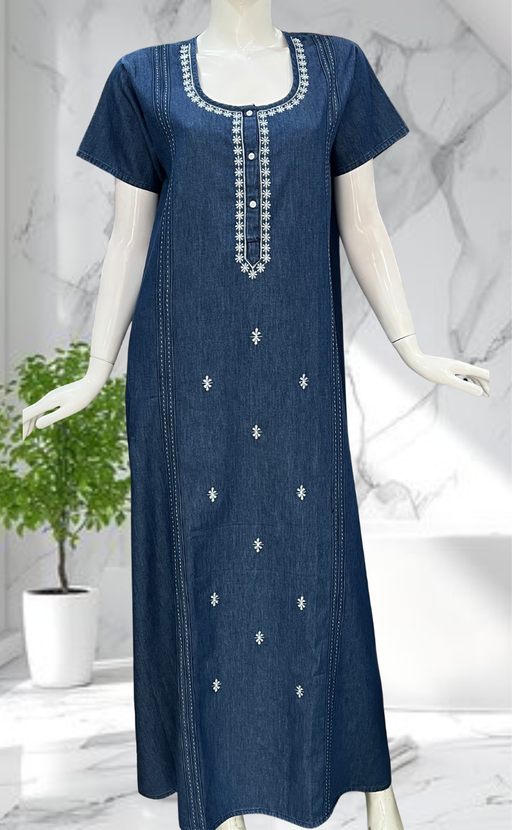 Navy Blue Floral Denim Nighty. Denim Cotton | Laces and Frills - Laces and Frills