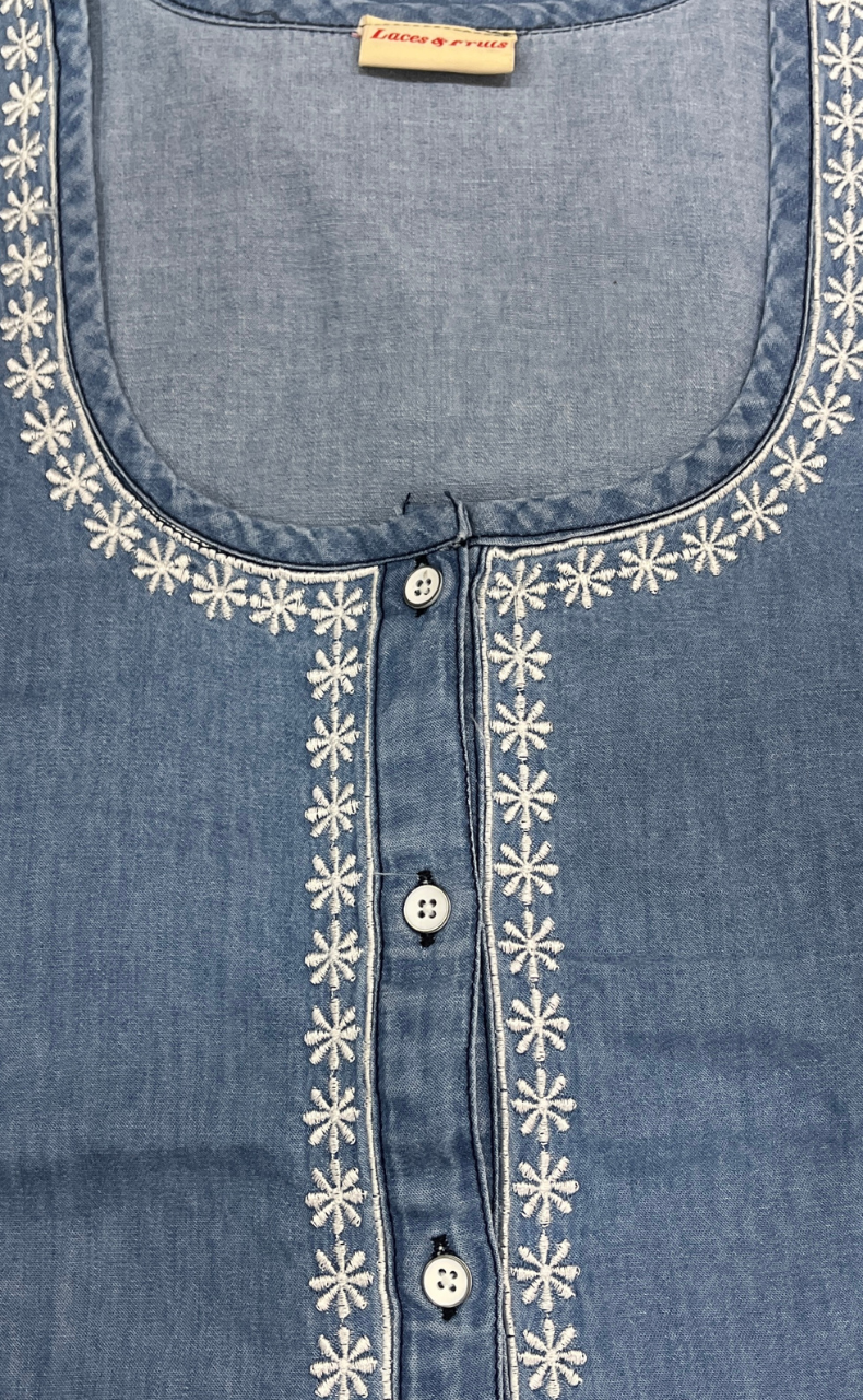 Light Blue Floral Denim Nighty. Denim Cotton | Laces and Frills - Laces and Frills