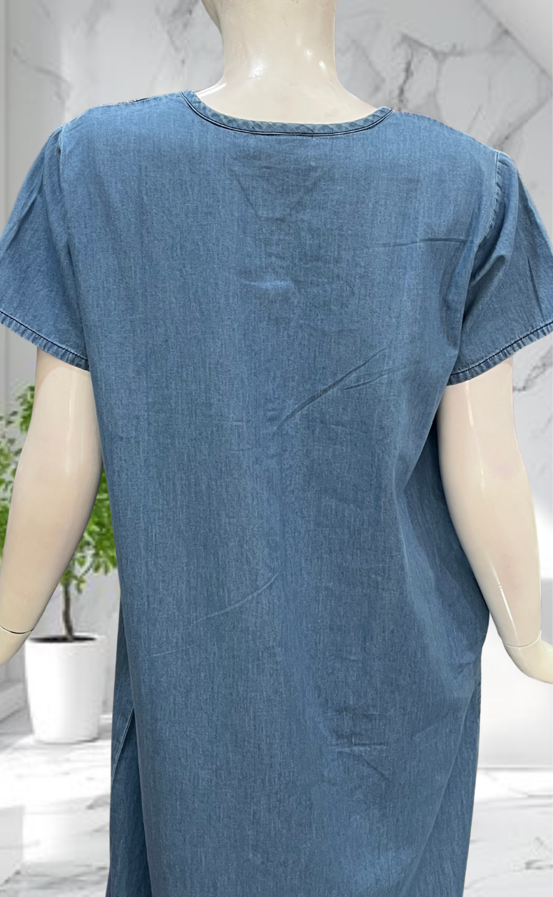 Light Blue Floral Denim Nighty. Denim Cotton | Laces and Frills - Laces and Frills