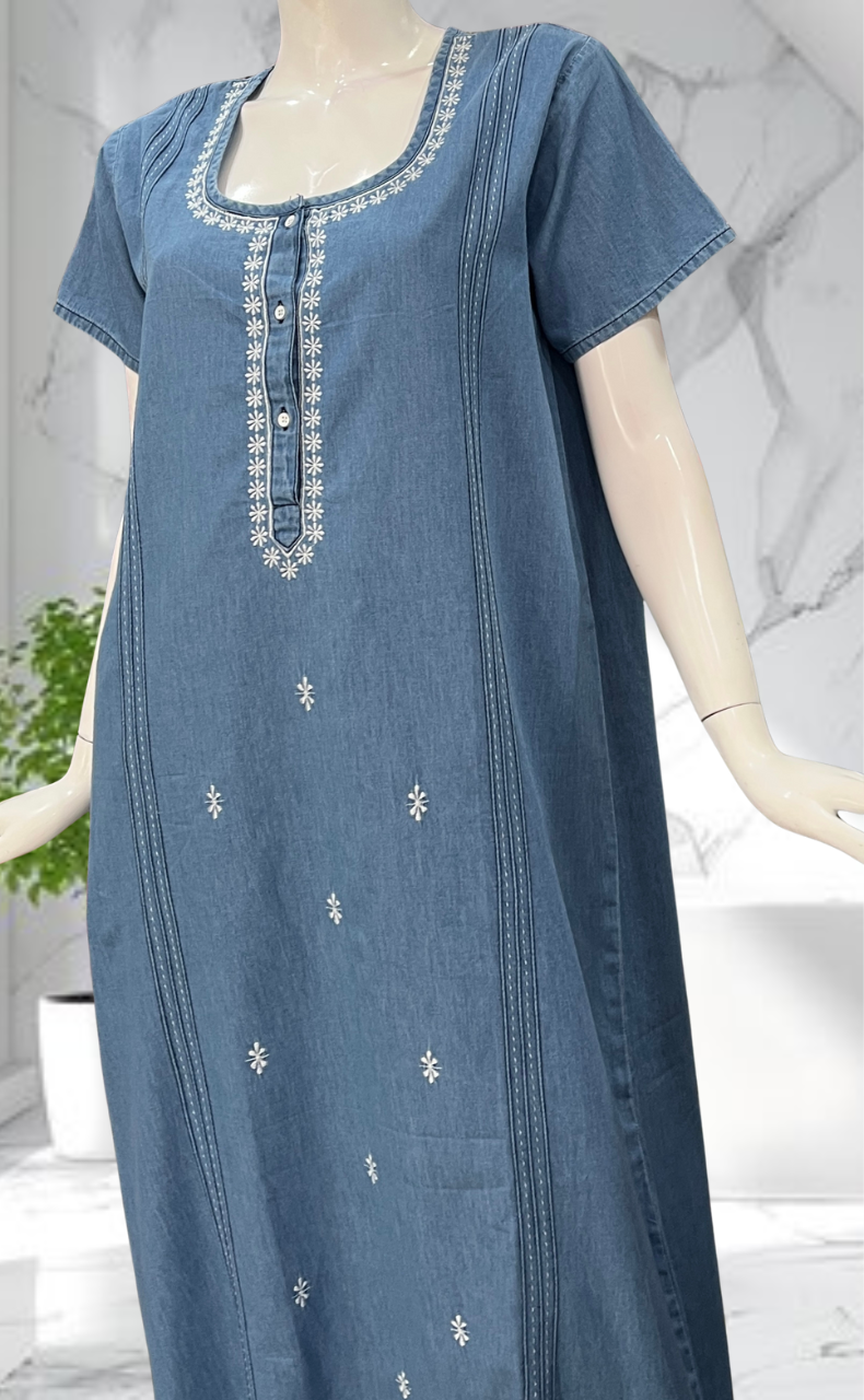 Light Blue Floral Denim Nighty. Denim Cotton | Laces and Frills - Laces and Frills