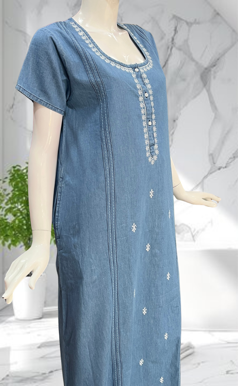 Light Blue Floral Denim Nighty. Denim Cotton | Laces and Frills - Laces and Frills