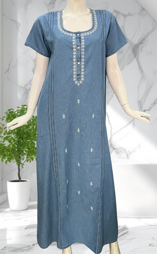 Light Blue Floral Denim Nighty. Denim Cotton | Laces and Frills - Laces and Frills