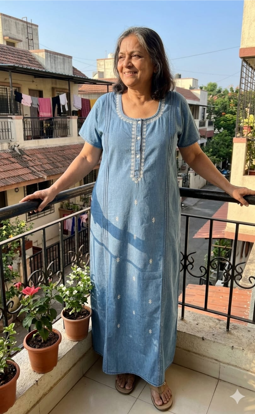 Light Blue Floral Denim Nighty. Denim Cotton | Laces and Frills - Laces and Frills