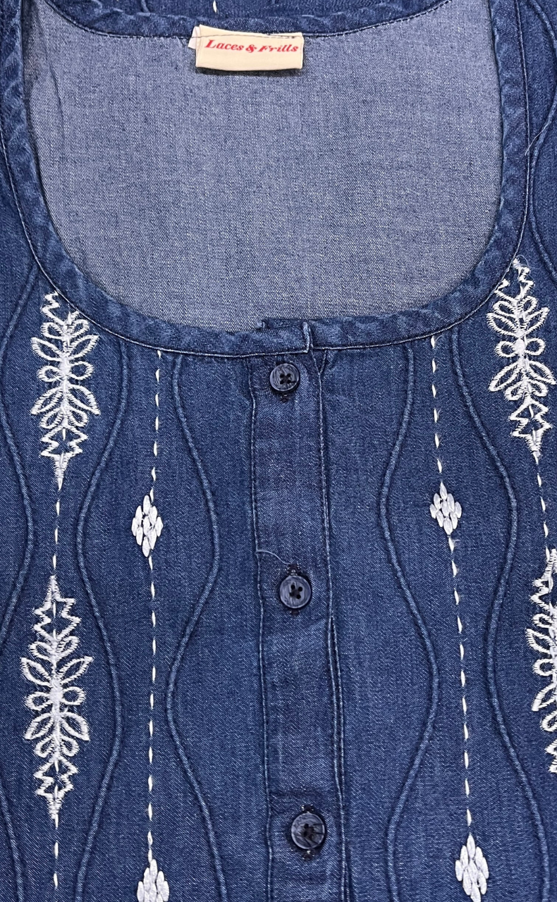 Navy Blue Floral Denim Nighty. Denim Cotton | Laces and Frills - Laces and Frills