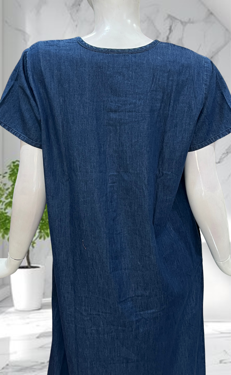 Navy Blue Floral Denim Nighty. Denim Cotton | Laces and Frills - Laces and Frills