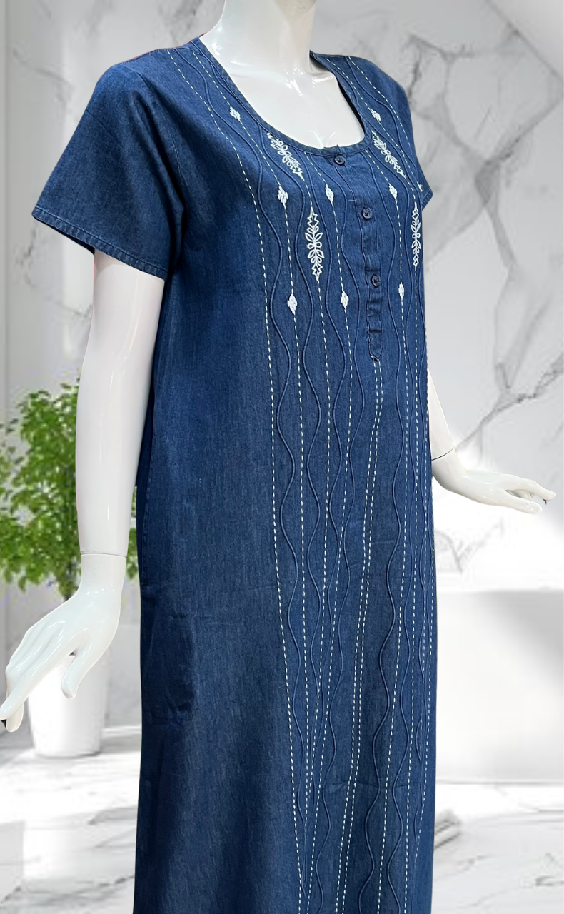Navy Blue Floral Denim Nighty. Denim Cotton | Laces and Frills - Laces and Frills