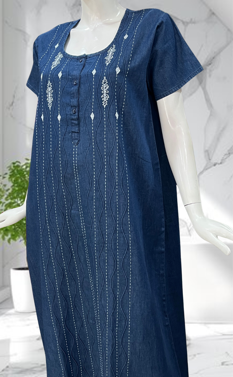 Navy Blue Floral Denim Nighty. Denim Cotton | Laces and Frills - Laces and Frills