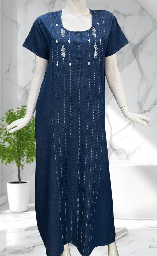 Navy Blue Floral Denim Nighty. Denim Cotton | Laces and Frills - Laces and Frills