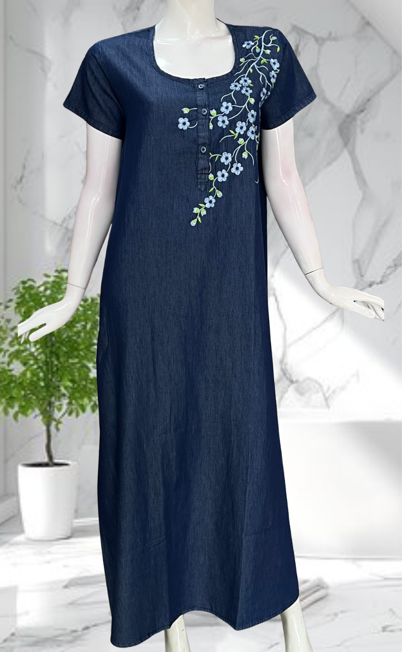 Navy Blue Flora Denim Nighty. Denim Cotton | Laces and Frills - Laces and Frills