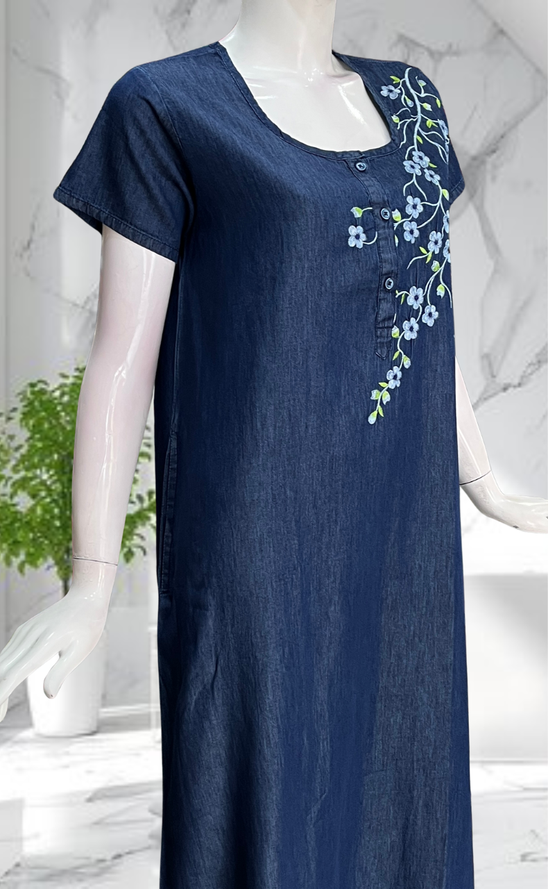 Navy Blue Flora Denim Nighty. Denim Cotton | Laces and Frills - Laces and Frills