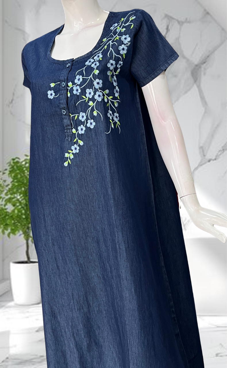 Navy Blue Flora Denim Nighty. Denim Cotton | Laces and Frills - Laces and Frills