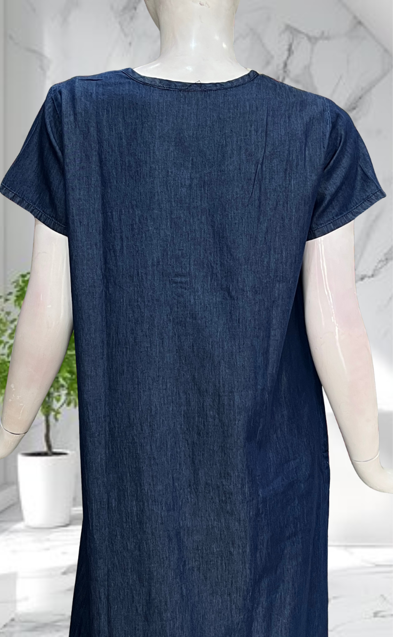 Navy Blue Flora Denim Nighty. Denim Cotton | Laces and Frills - Laces and Frills